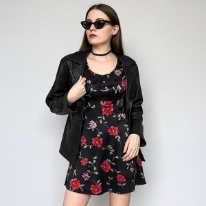 Vintage 90s Jodi Michaels Black Satin Floral Mini Dress Cap Sleeve Button Front